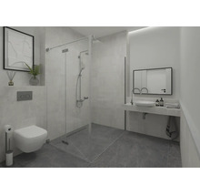 Modernes Badezimmer mit Glasduschkabine, wandhängendem WC, Waschbecken mit Spiegel und dunklen Bodenfliesen.