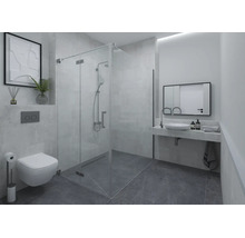 Modernes, helles Badezimmer mit bodengleicher Glasdusche, wandhängender Toilette, Aufsatzwaschbecken und Spiegel.