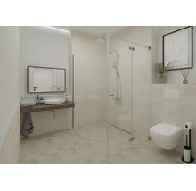 Modernes helles Badezimmer mit Glas-Duschkabine, wandhängendem WC, Aufsatzwaschbecken und großem Wandspiegel.