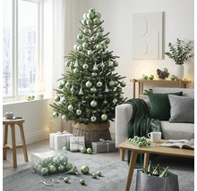 Hell dekorierter Wohnraum mit Weihnachtsbaum in einem Weidenkorb, geschmückt mit Kugeln. Daneben Sofa, Couchtisch und Geschenke.