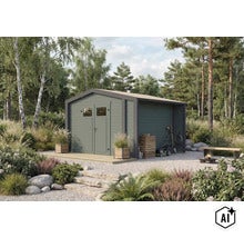 Modernes Gartenhaus aus Holz mit Doppeltüren und seitlichem Unterstand in einer naturnahen Gartenumgebung mit Kiesfläche und Bepflanzung (Image AI modified or generated)