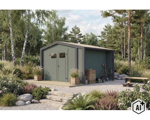 Modernes Gartenhaus aus Holz mit Doppeltüren und seitlichem Unterstand in einer naturnahen Gartenumgebung mit Kiesfläche und Bepflanzung (Image AI modified or generated)