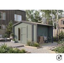 Modernes Gartenhaus aus Holz mit integriertem Schleppdach für zusätzlichen Stauraum in einer gepflegten Gartenanlage. (Image AI modified or generated)