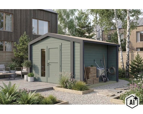 Modernes Gartenhaus aus Holz mit integriertem Schleppdach für zusätzlichen Stauraum in einer gepflegten Gartenanlage. (Image AI modified or generated)