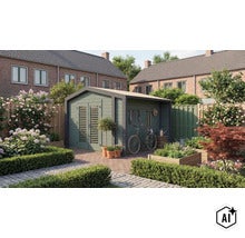 Modernes Gartenhaus aus Holz mit integriertem Schleppdach und Lamellentüren in einem gepflegten Garten mit Blumenbeeten und Kopfsteinpflaster. (Image AI modified or generated)