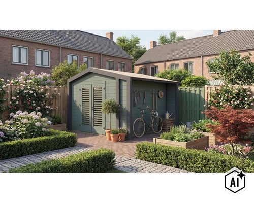 Modernes Gartenhaus aus Holz mit integriertem Schleppdach und Lamellentüren in einem gepflegten Garten mit Blumenbeeten und Kopfsteinpflaster. (Image AI modified or generated)