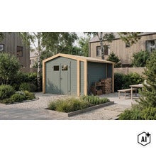 Gartenhaus aus Holz mit Doppeltür und angebautem Kaminholzunterstand in einem gepflegten Garten. (Image AI modified or generated)