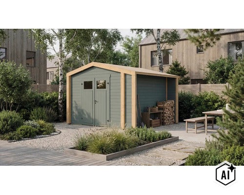 Gartenhaus aus Holz mit Doppeltür und angebautem Kaminholzunterstand in einem gepflegten Garten. (Image AI modified or generated)
