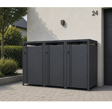 Dreifache Mülltonnenbox aus Metall in Anthrazit, modern gestaltet, platziert auf einer gepflasterten Fläche vor einem Haus.