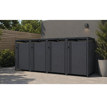 Moderne Mülltonnenbox aus Metall für vier Mülltonnen in einem organisierten Außenbereich mit Pflastersteinen, Holzzaun und einer Wandleuchte.