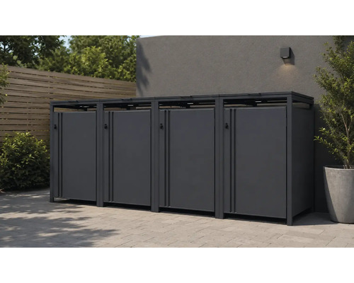 Moderne Mülltonnenbox aus Metall für vier Mülltonnen in einem organisierten Außenbereich mit Pflastersteinen, Holzzaun und einer Wandleuchte.