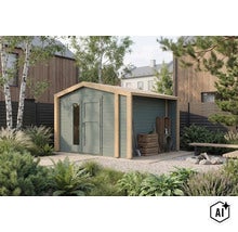 Modernes Gartenhaus aus Holz mit integriertem Schleppdach in einem gepflegten Garten, bietet Stauraum für Gartengeräte und eine offene Überdachung. (Image AI modified or generated)