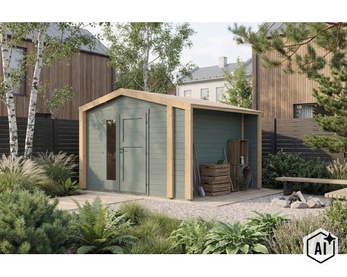 Modernes Gartenhaus aus Holz mit integriertem Schleppdach in einem gepflegten Garten, bietet Stauraum für Gartengeräte und eine offene Überdachung. (Image AI modified or generated)