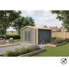 Modernes Gartenhaus aus Holz mit integriertem Schleppdach, Doppeltür mit Lamellen und angrenzendem Sitzbereich im gepflegten Garten. (Image AI modified or generated)