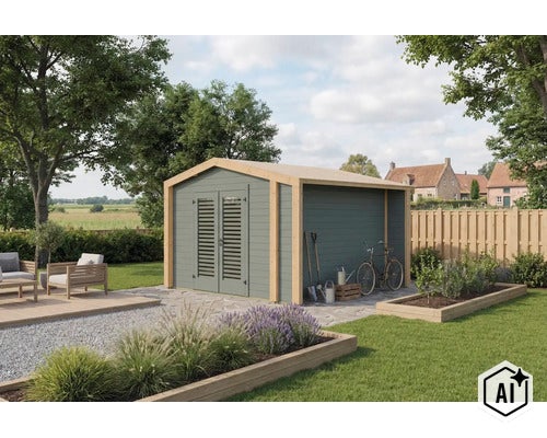 Modernes Gartenhaus aus Holz mit integriertem Schleppdach, Doppeltür mit Lamellen und angrenzendem Sitzbereich im gepflegten Garten. (Image AI modified or generated)