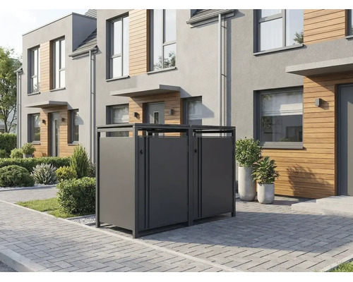 Mülltonnenbox aus Metall für drei Tonnen vor einem modernen Wohnhaus mit Holzfassade und gepflastertem Vorplatz.
