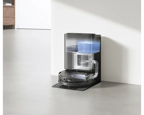 Ecovacs Saugroboter und Wischroboter mit Absaugstation, transparente Ansicht der Wassertanks und der Staubabsaugung.