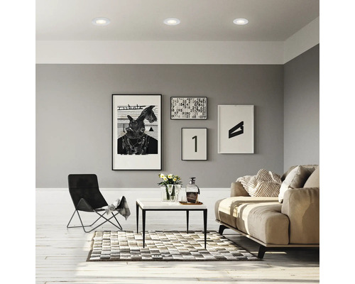 Modernes Wohnzimmer mit Einbaustrahlern in der Decke, Sofa, Couchtisch und Wandbildern.