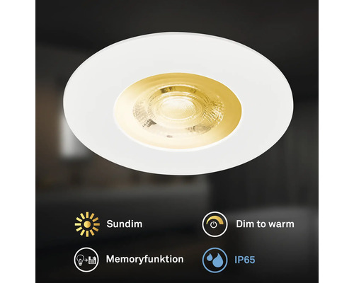 Runder LED Einbaustrahler mit Dim to Warm Funktion und Schutzart IP65 mit Memory Funktion.