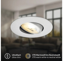 Runder LED Einbaustrahler mit schwenkbarem Kopf und ultraflachem Design für warmweißes bis neutralweißes Licht in Innenräumen.