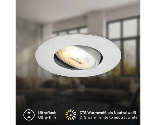 Runder LED Einbaustrahler mit schwenkbarem Kopf und ultraflachem Design für warmweißes bis neutralweißes Licht in Innenräumen.