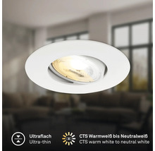 Ultraflacher runder LED Einbaustrahler mit verstellbarem Leuchtkopf und einstellbarer Farbtemperatur von warmweiß bis neutralweiß.