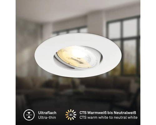 Ultraflacher runder LED Einbaustrahler mit verstellbarem Leuchtkopf und einstellbarer Farbtemperatur von warmweiß bis neutralweiß.
