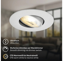 Runder, schwenkbarer LED Einbaustrahler, ultraflach und stufenlos dimmbar mit einstellbarer Farbtemperatur von warmweiß bis neutralweiß.
