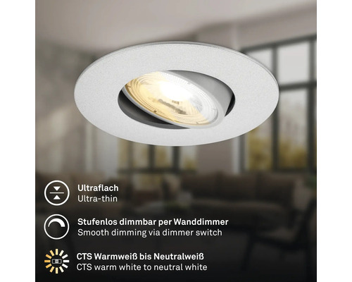 Runder, schwenkbarer LED Einbaustrahler, ultraflach und stufenlos dimmbar mit einstellbarer Farbtemperatur von warmweiß bis neutralweiß.