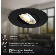 Runder LED Einbaustrahler, schwenkbar, dimmbar, mit einstellbarer Farbtemperatur von warmweiß bis neutralweiß.