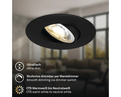 Runder LED Einbaustrahler, schwenkbar, dimmbar, mit einstellbarer Farbtemperatur von warmweiß bis neutralweiß.