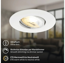 Ultraflacher runder LED Einbaustrahler mit verstellbarem Lichtkegel und stufenloser Dimmfunktion per Wanddimmer sowie einstellbarer Lichtfarbe