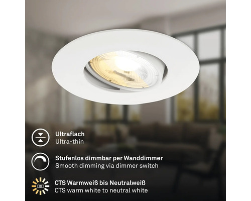 Ultraflacher runder LED Einbaustrahler mit verstellbarem Lichtkegel und stufenloser Dimmfunktion per Wanddimmer sowie einstellbarer Lichtfarbe