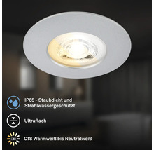 Runder LED Einbaustrahler mit Schutzart IP65, ultraflaches Design und einstellbarer Lichtfarbe von warmweiß bis neutralweiß.