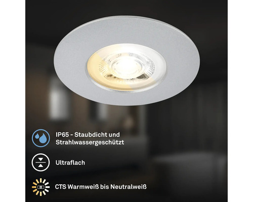 Runder LED Einbaustrahler mit Schutzart IP65, ultraflaches Design und einstellbarer Lichtfarbe von warmweiß bis neutralweiß.