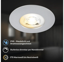 Runder LED Einbaustrahler mit Schutzart IP65, stufenlos dimmbar per Wanddimmer und einstellbarer Farbtemperatur von warmweiß bis neutralweiß.