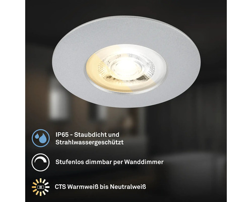 Runder LED Einbaustrahler mit Schutzart IP65, stufenlos dimmbar per Wanddimmer und einstellbarer Farbtemperatur von warmweiß bis neutralweiß.
