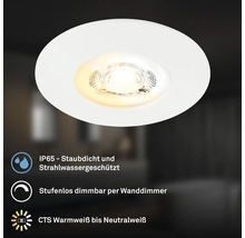 Runder LED Einbaustrahler mit Schutzart IP65, stufenlos dimmbar und einstellbarer Lichtfarbe von warmweiß bis neutralweiß.