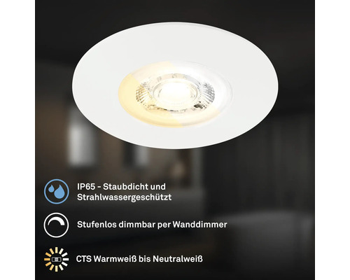 Runder LED Einbaustrahler mit Schutzart IP65, stufenlos dimmbar und einstellbarer Lichtfarbe von warmweiß bis neutralweiß.