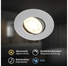 Runder LED Einbaustrahler, schwenkbar, warmweiß, stufenlos dimmbar und IP65 zertifiziert für den Innen und Außenbereich.