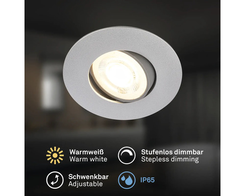 Runder LED Einbaustrahler, schwenkbar, warmweiß, stufenlos dimmbar und IP65 zertifiziert für den Innen und Außenbereich.