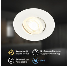 Runder LED Einbaustrahler, schwenkbar, Schutzart IP65, warmweißes Licht, stufenlos dimmbar, für Feuchträume geeignet.