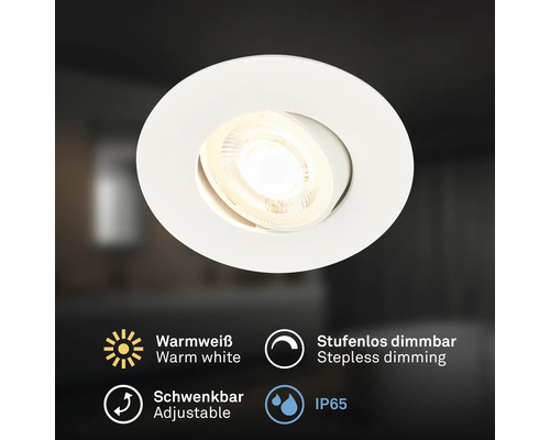 Runder LED Einbaustrahler, schwenkbar, Schutzart IP65, warmweißes Licht, stufenlos dimmbar, für Feuchträume geeignet.
