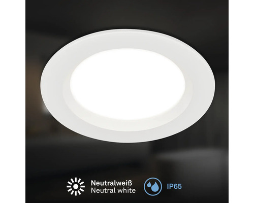 Runder LED Einbaustrahler mit neutralweißer Lichtfarbe und Schutzart IP65 für den Innen- und Außenbereich.