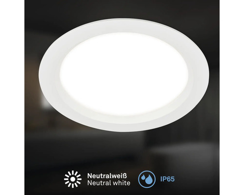 Runde LED Einbauleuchte für den Innenbereich mit Schutzart IP65 und neutralweißer Lichtfarbe.