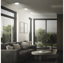 Modernes Wohnzimmer mit Einbaustrahlen an der Decke, großen Fenstern, Sofa und rundem Couchtisch mit Blick in einen Garten.