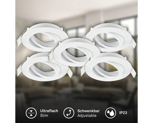 Set von fünf ultraflachen, schwenkbaren LED Einbaustrahlern in runder Form für den Inneneinsatz mit Schutzart IP23.