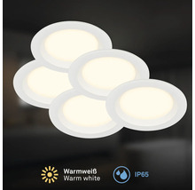 Set mit fünf runden LED Einbaustrahlern in warmweiß mit Schutzart IP65 für den Innen und Außenbereich