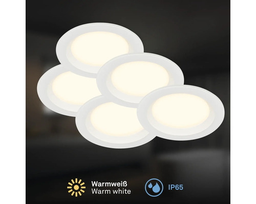Set mit fünf runden LED Einbaustrahlern in warmweiß mit Schutzart IP65 für den Innen und Außenbereich
