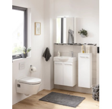 Helles Badezimmer mit weißem wandhängendem WC, Waschbeckenunterschrank, Spiegelschrank, Seitenschrank und Holzoptik-Boden.